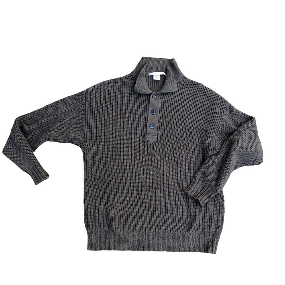 PERRY ELLIS Heavy Knit Polo Sweater Men's MEDIUM Green Sweatshirt Button Cotton